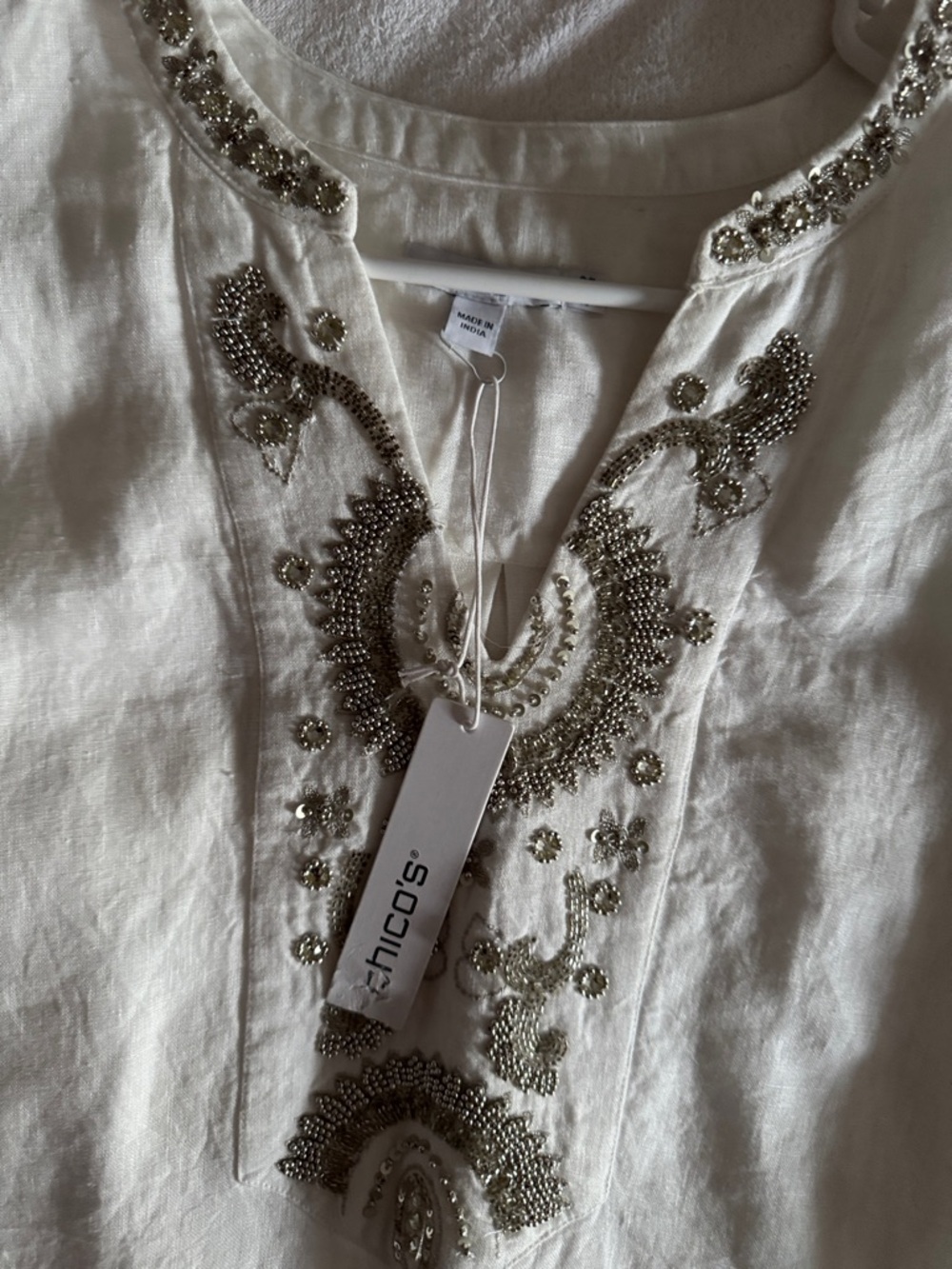 Chico's Ivory Tunic with Silver Bead Embellishment